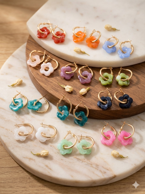 Boucles d'oreilles - Flora Hoop - créoles dorées avec une fleur en résine colorée
