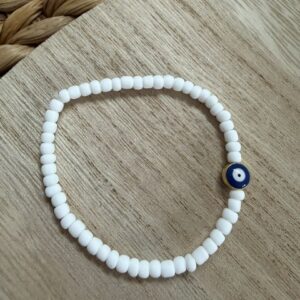 Bracelet oeil protecteur - perles rocaille blanc mat et perle oeil protecteur bleu et doré