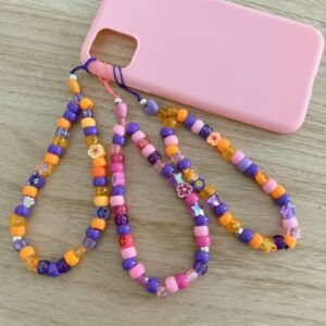 grigri de téléphone perles heishi orange rose et violette